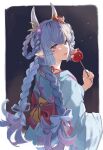  blue_hair candy character_request food hashibiro_kou_(garapiko_p) highres horns japanese_clothes kimono looking_at_viewer nail_polish open_mouth smile solo standing 