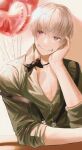  1boy balloon blurry bow bowtie depth_of_field dress_shirt formal hand_on_own_face heart_balloon highres inumaki_toge isobe47 jujutsu_kaisen looking_to_the_side shirt short_hair solo suit violet_eyes white_hair 