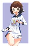  1girl :d border brown_eyes brown_hair dynamax_band gloria_(pokemon) gloves gym_challenge_uniform highres holding holding_poke_ball long_sleeves looking_at_viewer open_mouth outside_border poke_ball pokemon pokemon_(game) pokemon_swsh shirt short_hair short_shorts shorts single_glove smile solo standing standing_on_one_leg striped striped_shirt v-shaped_eyebrows vertical_stripes white_border white_gloves white_shirt white_shorts wing_collar yuihico 
