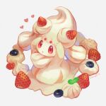  alcremie alcremie_(strawberry_sweet) arms_up blush commentary_request food fruit full_body gen_8_pokemon heart highres kikuyoshi_(tracco) leaf looking_at_viewer no_humans parted_lips pokemon pokemon_(creature) red_eyes signature solo strawberry 