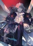  1boy black_pants blue_eyes bug butterfly claws crown evil_smile fate/grand_order fate_(series) feather_boa highres insect insect_wings jacket lack male_focus oberon_(fate) pants sitting smile white_jacket wings 