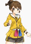  1girl absurdres brown_eyes brown_hair character_request closed_mouth collarbone cowboy_shot gloria_(pokemon) grey_shorts highres jacket long_sleeves pokemon pokemon_(game) pokemon_swsh shiny shiny_hair short_hair short_shorts shorts simple_background smile solo tied_hair v-shaped_eyebrows white_background wristband yellow_jacket yuihico zipper 
