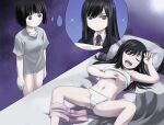  2girls bed black_eyes black_hair blush bob_cut breasts collarbone commentary drooling expressionless hosoinogarou imagining koguma_(super_cub) long_hair looking_at_another medium_breasts multiple_girls navel necktie no_pants on_bed open_mouth panties pillow purple_background reiko_(super_cub) school_uniform self_fondle shirt short_hair shorts shorts_around_one_leg simple_background sleeping snoring sparkle spread_legs super_cub sweat tank_top thought_bubble under_boob underwear upper_teeth white_panties yuri 