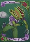  1other absurdres baseball baseball_mitt blaseball character_name colored_skin english_commentary gloria_bugsnax green_background green_skin highres lira_anubis motion_blur pitching plant purple_legwear shoes sportswear venus_flytrap 