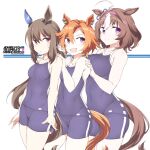  3girls :3 admire_vega_(umamusume) ahoge animal_ears bangs blue_swimsuit blush breasts brown_hair character_name copyright_name ear_piercing ear_ribbon eyebrows_visible_through_hair hair_between_eyes hairband hands_on_another&#039;s_shoulders horse_ears horse_girl horse_tail large_breasts long_hair medium_breasts meisho_doto_(umamusume) multicolored_hair multiple_girls one-piece_swimsuit open_mouth orange_hair parted_lips piercing pink_eyes pink_hairband ponytail red_eyes ribbon shigino_sohuzi short_hair sidelocks simple_background single_ear_cover small_breasts smile streaked_hair sweat swimsuit t_m_opera_o_(umamusume) tail umamusume white_background white_hair 