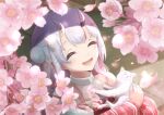  &gt;_&lt; 1girl animal cat closed_eyes flower highres hilamaru holding holding_animal hololive horns nakiri_ayame oni_horns open_mouth petals skin-covered_horns smile solo tree_shade upper_body virtual_youtuber white_cat white_hair 