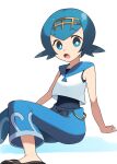  1girl :o arm_support bangs blue_eyes blue_hair blue_pants blue_sailor_collar collared_shirt eyebrows_visible_through_hair freckles hair_ornament highres lana_(pokemon) looking_at_viewer pants pokemon pokemon_(game) pokemon_sm sailor_collar sailor_shirt shiny shiny_hair shirt short_hair simple_background sitting solo white_background white_shirt yuihico 