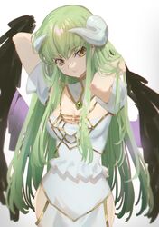  1girl albedo_(overlord) albedo_(overlord)_(cosplay) alternate_costume arms_behind_head black_feathers black_wings breasts c.c. code_geass cosplay cowboy_shot creayus green_hair hip_vent horns long_hair medium_breasts overlord_(maruyama) solo thighs very_long_hair wings yellow_eyes 