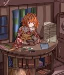  1girl apron bangs bell book bookshelf checkered curtains english_commentary eyebrows_visible_through_hair hair_bell hair_ornament highres holding holding_book indoors looking_at_viewer motoori_kosuzu night open_mouth orange_eyes orange_hair orb paintbrush paper_stack rain reading scroll short_hair signature smile solo touhou twintails upper_body vanilla_flan wide_sleeves window yellow_apron yin_yang yin_yang_orb 