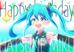  1girl aqua_eyes aqua_hair balloon commentary detached_sleeves gradient gradient_background happy_birthday hatsune_miku highres hilamaru necktie open_mouth outstretched_arms shirt sleeveless sleeveless_shirt smile solo tattoo twintails upper_body vocaloid 