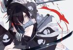  1boy bandages bangs black_hair black_kimono blood dororo_(tezuka) hair_between_eyes highres hyakkimaru_(dororo) japanese_clothes katana kimono kushiro_kuki long_hair looking_away male_focus mouth_hold ponytail prosthesis prosthetic_arm red_eyes scabbard sheath simple_background solo sword torn_clothes weapon white_background 