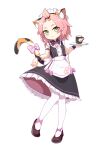  1girl absurdres alternate_costume animal_ears blush cat_ears cat_tail cup diona_(genshin_impact) genshin_impact green_eyes highres holding holding_tray maid maid_headdress pink_hair short_hair simple_background tail thick_eyebrows tied_hair tray xianyu_fanshen_qian 