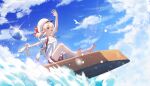  1girl alternate_costume backpack bag blonde_hair blue_sky clouds cloudy_sky day fingertip_gentleman genshin_impact hat highres klee_(genshin_impact) low_twintails open_mouth outdoors red_eyes sky solo sparkle splashing sunlight twintails water water_drop 