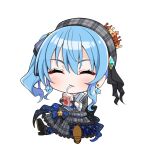  1girl blue_hair bow chibi closed_eyes commentary_request drink earrings eyebrows_visible_through_hair full_body gloves hair_between_eyes hat high_heels hinata_kokage holding holding_drink hololive hoshimachi_suisei jewelry juice_box long_sleeves side_ponytail simple_background sitting solo white_background 