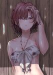  1girl absurdres adjusting_hair bikini breasts brown_hair chestnut_mouth collarbone floral_print front-tie_bikini front-tie_top highres higuchi_madoka idolmaster idolmaster_shiny_colors kaede_(harutan109) looking_at_viewer medium_breasts mole mole_under_eye nail_polish necktie shadow short_hair solo swimsuit upper_body violet_eyes wet wet_clothes wet_hair wet_swimsuit wooden_wall 