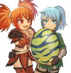  2girls :d anjanath_(armor) black_gloves blue_eyes blue_hair bracer commentary copyright_request egg english_commentary facial_mark fingerless_gloves fur_collar fur_trim gloves heart highres holding holding_egg looking_at_another looking_at_viewer monster_hunter_stories_2 multiple_girls open_mouth orange_hair oversized_object ponytail pouch pukei-pukei_(armor) red_eyes simple_background smile sookmo thigh-highs thigh_strap twintails white_background wrist_wrap 