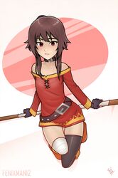  1girl bandaged_leg bandages belt black_gloves black_legwear blush brown_hair choker dress fenixman12 fingerless_gloves flat_chest gloves highres holding holding_staff kono_subarashii_sekai_ni_shukufuku_wo! looking_at_viewer megumin red_dress red_eyes short_hair signature single_thighhigh smile staff thigh-highs 