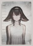  1girl absurdres animal_ears bangs bare_shoulders brown_hair dress ears_down grey_eyes hair_between_eyes hairband height_chart highres huge_filesize multicolored_hair original photo_(object) sana_(tokiki_(tomok1)) short_hair sleeveless sleeveless_dress solo tokiki_(tomok1) two-tone_hair white_dress white_hair 