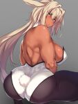  1girl animal_ears ass back bangs bare_shoulders black_legwear blue_eyes blush breasts caenis_(fate) dark-skinned_female dark_skin detached_collar eyebrows_visible_through_hair fate/grand_order fate_(series) hair_intakes highleg highleg_leotard highres kuronyan large_breasts leotard long_hair looking_at_viewer looking_back pantyhose ponytail rabbit_tail solo squatting tail thighs white_hair white_leotard 