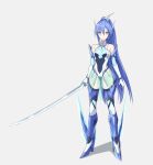  1girl armpit_peek bare_shoulders blaze_pso2 blue_eyes blue_hair blush breasts closed_mouth covered_navel elbow_gloves full_body gloves high_heels highres kazanari_tsubasa leotard long_hair looking_at_viewer ponytail senki_zesshou_symphogear shadow shiny shiny_hair simple_background small_breasts solo standing sword weapon white_background 