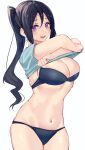  1girl absurdres bangs bikini black_bikini black_hair blue_shirt blush breasts clothes_lift cowboy_shot eyebrows_visible_through_hair hair_between_eyes highres large_breasts long_hair looking_at_viewer love_live! love_live!_sunshine!! matsuura_kanan navel open_mouth ponytail shirt shirt_lift simple_background smile solo swimsuit undressing violet_eyes white_background yamasonson 