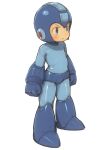  1boy absurdres blue_bodysuit blue_eyes blue_gloves blue_legwear blush bodysuit boots closed_mouth commentary_request dot_nose elbow_gloves feral_lemma frown full_body gloves helmet highres male_focus mega_man_(character) mega_man_(series) shadow simple_background solo standing tareme white_background 