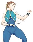  1girl bracelet breasts brown_hair chun-li closed_mouth covered_navel dated double_bun jewelry short_hair simple_background solo street_fighter street_fighter_zero_(series) tsukudani_(coke-buta) unitard white_background 