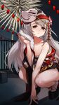  1girl absurdres arm_between_legs bangs bare_shoulders blush_stickers brown_eyes commentary_request eyebrows_visible_through_hair fireworks flat_chest flower fox_mask full_body fur_(clothing) g11_(girls_frontline) girls_frontline grey_hair hair_flower hair_ornament highres holding holding_pipe japanese_clothes jizhi_shaojiu kimono kiseru long_hair looking_at_viewer mask mask_on_head night official_alternate_costume outdoors pipe platform_footwear sandals socks solo squatting tabi 