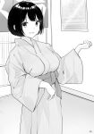  absurdres bangs bath_yukata blush breasts commentary_request greyscale hand_up highres indoors japanese_clothes kimono long_sleeves looking_at_viewer medium_breasts monochrome obi open_mouth original sash short_hair signature striped takenoko_no_you vertical-striped_kimono vertical_stripes wide_sleeves yukata 