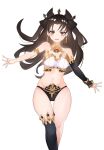  1girl armlet bangs bikini black_bikini black_hair black_headwear black_legwear breasts detached_sleeves earrings fate/grand_order fate_(series) hair_ribbon highres hoop_earrings ishtar_(fate) ishtar_(fate)_(all) jewelry long_hair looking_at_viewer medium_breasts mismatched_bikini navel neck_ring open_mouth outstretched_arms panties parted_bangs red_eyes ribbon simple_background single_sleeve single_thighhigh smile solo spread_arms standing swimsuit thigh-highs thigh_gap tiara two_side_up underwear white_background white_bikini zukki0731 
