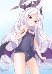  1girl absurdres blue_archive blush breasts commentary english_commentary hair_ornament hairclip halo highres hina_(blue_archive) horns merlt open_mouth school_swimsuit silver_hair simple_background small_breasts solo swimsuit violet_eyes white_background wings 