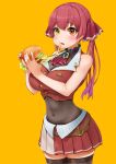  1girl ascot bangs black_legwear breasts burger commentary_request covered_navel eating eyebrows_visible_through_hair food gradient_hair hair_ribbon heterochromia highres holding holding_food hololive houshou_marine large_breasts long_hair looking_at_viewer multicolored_hair ootsuka_you pleated_skirt purple_hair red_eyes red_neckwear red_ribbon red_skirt redhead ribbon simple_background skirt sleeveless solo thigh-highs twintails yellow_background yellow_eyes zettai_ryouiki 