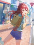  1girl ahoge backpack bag blurry chromatic_aberration depth_of_field dutch_angle from_behind hat highres idolmaster idolmaster_shiny_colors komiya_kaho long_hair looking_at_viewer looking_back open_mouth pedestrian_crossing_sign pink_eyes redhead road_sign shirt shorts sign smile solo spung striped striped_shirt 