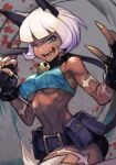  1girl animal_ears bare_shoulders belt belt_pouch blue_eyes bob_cut breasts cat_ears cat_tail claws cowboy_shot cropped_sweater dark-skinned_female dark_skin fangs fingerless_gloves gloves hankuri hankuri midriff ms._fortune_(skullgirls) one_eye_closed open_mouth pouch scar short_hair skullgirls solo tail under_boob white_hair 