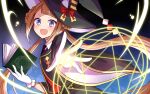  1girl blush book brown_hair commentary_request enkichi_totan gloves hat hexagram light long_hair looking_at_viewer magic_circle simple_background solo sweep_tosho_(umamusume) twintails umamusume violet_eyes white_gloves witch_hat 