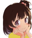  1girl black_hair close-up face hands_on_own_cheeks hands_on_own_face head_rest highres idolmaster idolmaster_million_live! looking_at_viewer nakatani_iku short_hair shuucream_(syuichi) simple_background smile solo white_background 