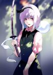  1girl asuzemu black_bow black_hairband black_neckwear black_ribbon bob_cut bow bowtie collared_shirt flat_chest green_vest hair_ribbon hairband holding holding_weapon katana konpaku_youmu konpaku_youmu_(ghost) open_mouth red_eyes ribbon shadow shirt short_hair short_sleeves silver_hair sword touhou triangle_mouth vest weapon white_shirt 