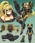  1girl arm_cannon blonde_hair blue_eyes character_sheet choker cyberpunk cyborg doom_(series) english_commentary from_behind glasses green_background gun highres long_hair looking_at_viewer missile missile_pod personification ponytail power_armor rocket_launcher smile substance20 upper_teeth very_long_hair weapon 