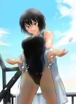  1girl amagami black_eyes black_hair black_swimsuit breasts closed_mouth clouds cloudy_sky competition_swimsuit highres light_rays looking_at_viewer medium_breasts nanasaki_ai one-piece_swimsuit open_clothes open_shirt outdoors short_hair sky smile solo swimsuit swimsuit_under_clothes undressing ykh1028 