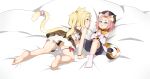  2girls absurdres all_fours animal_ears ass bangs bangs_pinned_back barefoot bed_sheet benghuai_xueyuan black_panties black_shorts blonde_hair blush cat_ears cat_girl cat_tail commentary_request company_connection crossover detached_sleeves diona_(genshin_impact) eyebrows_visible_through_hair eyes_visible_through_hair genshin_impact green_eyes hat highres honkai_(series) long_hair looking_at_another lying mihoyo_technology_(shanghai)_co._ltd. multiple_girls ninti_apocalypse panties parted_lips pink_hair puffy_shorts puffy_sleeves short_hair shorts side_ponytail sidelocks tail thick_eyebrows underwear violet_eyes xianyu_fanshen_qian 