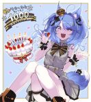  1girl :d animal_ear_fluff animal_ears ankle_boots blue_hair blush boots border cake copyright_request crown eyes_visible_through_hair facing_viewer fold-over_boots food fox_ears fox_tail fruit grey_eyes hand_up hands_up highres holding holding_food holding_fruit looking_at_viewer milestone_celebration mini_crown one_eye_closed open_mouth smile solo strawberry tail twintails white_border wristband z-ton 