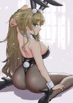  1girl animal_ears ass azur_lane blonde_hair blue_eyes commentary commentary_request cuff_links full_body high_heels highres kneeling long_hair looking_at_viewer looking_back north_carolina_(azur_lane) north_carolina_(the_heart&#039;s_desire)_(azur_lane) ooshima_aki pantyhose playboy_bunny rabbit_ears rabbit_tail smile solo tail 
