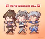  0_0 3girls african_elephant_(kemono_friends) animal_ears bikini blush_stickers brown_hair chibi closed_mouth coroha cropped_shirt detached_sleeves elbow_gloves elephant_ears elephant_girl elephant_tail english_text full_body gloves grey_hair holding holding_weapon indian_elephant_(kemono_friends) japari_symbol kemono_friends mammoth_(kemono_friends) midriff multicolored_hair multiple_girls navel necktie open_mouth outstretched_arms scarf shirt shorts side-by-side skirt sleeveless sleeveless_shirt smile spread_arms stomach swimsuit tail tan thigh-highs twitter_username two-tone_hair walking weapon white_hair zettai_ryouiki |_| 