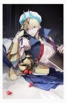  blonde_hair book fate/grand_order fate_(series) food fruit gilgamesh_(fate) gold highres looking_at_viewer pillow red_eyes serious sitting sleepless_(wrysmile) solo strawberry tea teapot 