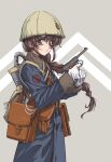  1girl absurdres alternate_costume braid brown_hair gloves gun handgun helmet highres holster imperial_japanese_navy kantai_collection longmei_er_de_tuzi looking_at_viewer looking_to_the_side military military_uniform nambu_type_14 pouch red_eyes single_braid solo souya_(kancolle) trench_coat uniform weapon white_gloves wind winter_uniform world_war_ii 