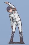  1boy arm_up armband bangs black_footwear black_hair blue_background boots buttons closed_mouth commentary_request dangan_ronpa:_trigger_happy_havoc dangan_ronpa_(series) frown full_body gakuran ishimaru_kiyotaka jacket knee_boots leaning_to_the_side looking_at_viewer male_focus military military_uniform namu_(nurui_cha) pants red_armband school_uniform simple_background solo stretch uniform white_jacket white_pants 