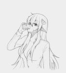  1girl artist_name blush breasts collarbone commission commissioner_upload cup dress_shirt drinking eyebrows_visible_through_hair greyscale hair_between_eyes hair_ornament highres ice ice_cube long_hair medium_breasts miia_(monster_musume) monochrome monster_musume_no_iru_nichijou mugen0017 partially_unbuttoned pointy_ears scales shirt slit_pupils solo watermark 