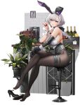  1girl alcohol animal_ears azur_lane bar black_footwear black_gloves black_legwear breasts crossed_legs elbow_gloves fake_animal_ears footwear_removed from_side gloves grey_hair high_heels highres large_breasts looking_at_viewer official_alternate_costume official_art pandea_work pantyhose plant playboy_bunny potted_plant rabbit_ears reno_(azur_lane) reno_(reno_bunnino)_(azur_lane) short_hair_with_long_locks sideboob single_elbow_glove sitting skindentation sleeveless solo thigh_strap transparent_background violet_eyes wrist_cuffs 