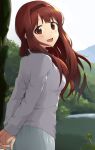  1girl arms_behind_back brown_eyes brown_hair forest from_behind hairband highres idolmaster idolmaster_million_live! long_hair looking_at_viewer nature open_mouth outdoors shuucream_(syuichi) smile solo tanaka_kotoha tree 