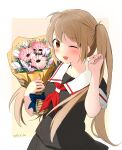  1girl absurdres bangs black_serafuku black_skirt blush bouquet brown_eyes chagen_kokimu dated eyebrows_visible_through_hair flower highres holding holding_bouquet kantai_collection light_brown_hair long_hair murasame_(kancolle) one_eye_closed open_mouth pink_flower pleated_skirt red_neckwear sailor_collar school_uniform serafuku short_sleeves simple_background skirt solo tulip twintails two-tone_background white_flower 